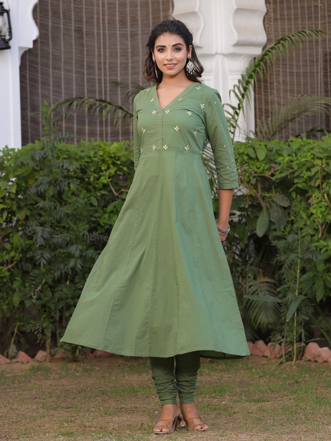 Olive Green Embroidered Anarkali With Churidar & Dupatta