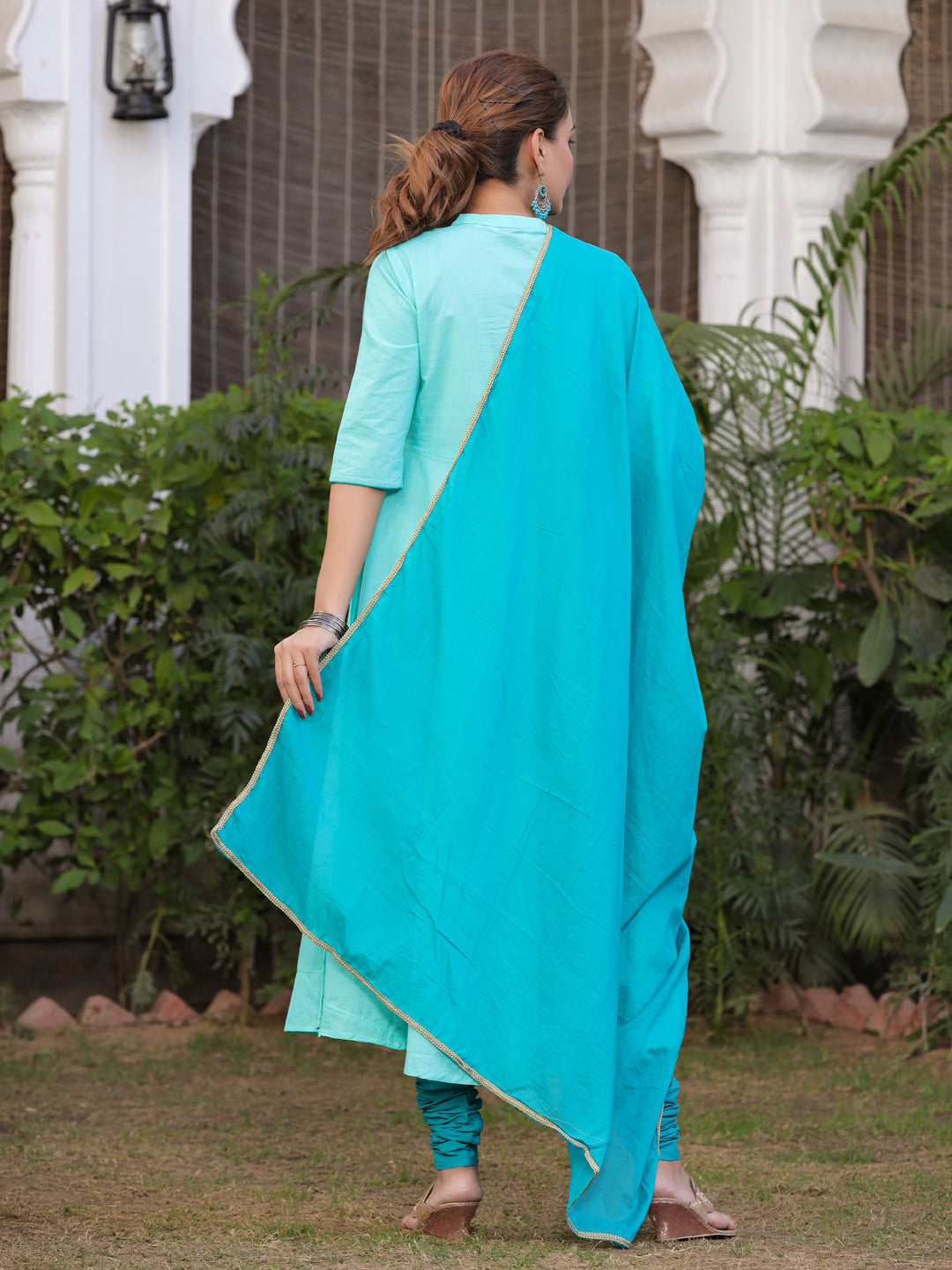 Aqua Solid Anarkali Cotton Kurta With Churidar Salwar And Dupatta