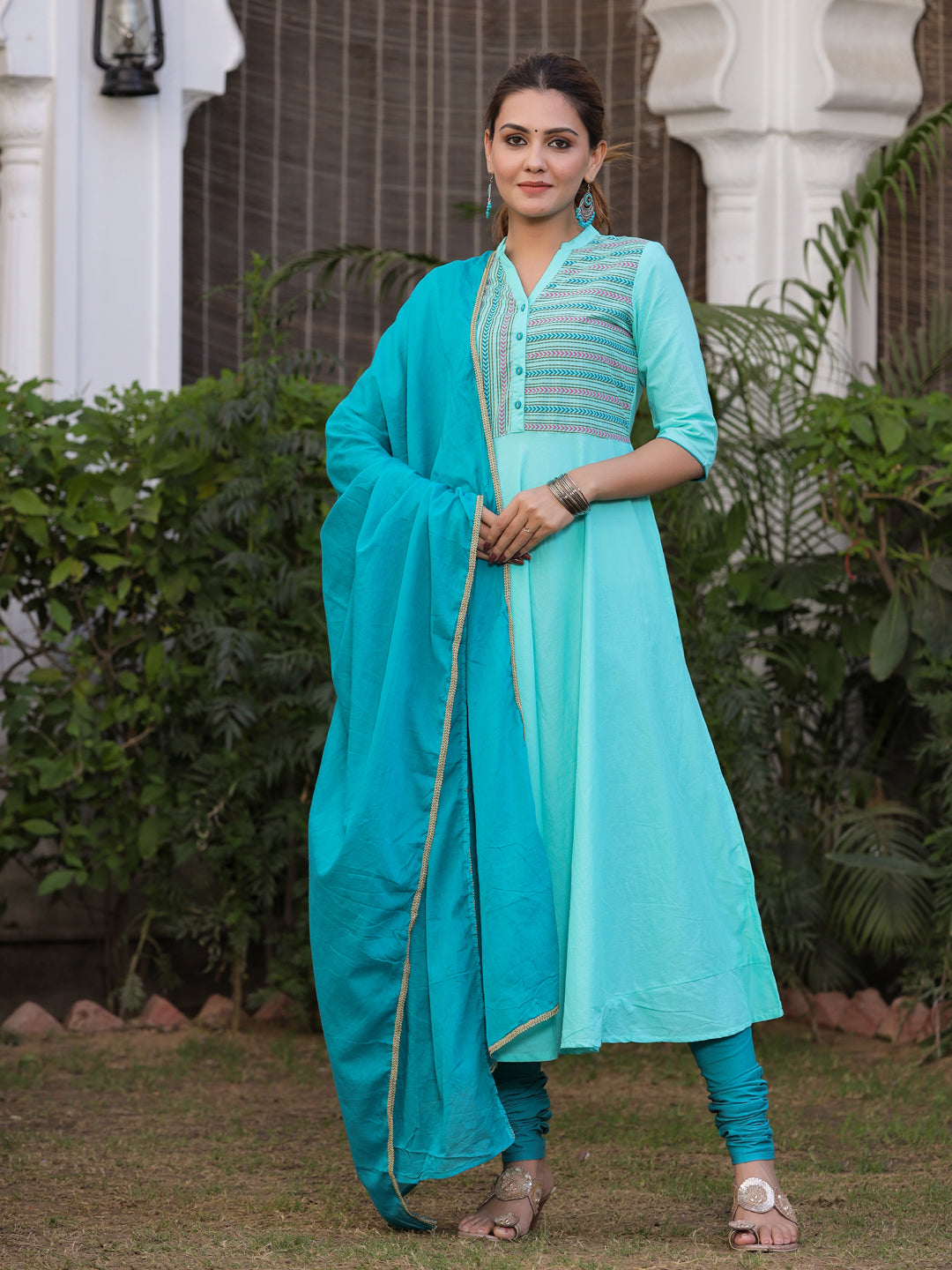 Aqua Solid Anarkali Cotton Kurta With Churidar Salwar And Dupatta