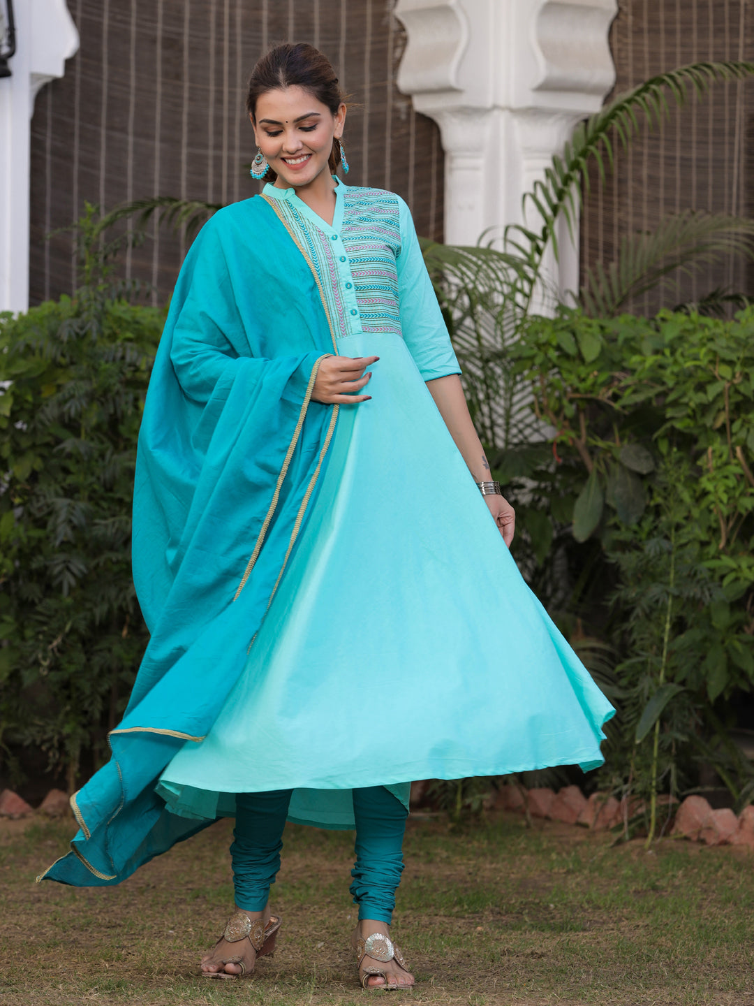 Aqua Solid Anarkali Cotton Kurta With Churidar Salwar And Dupatta