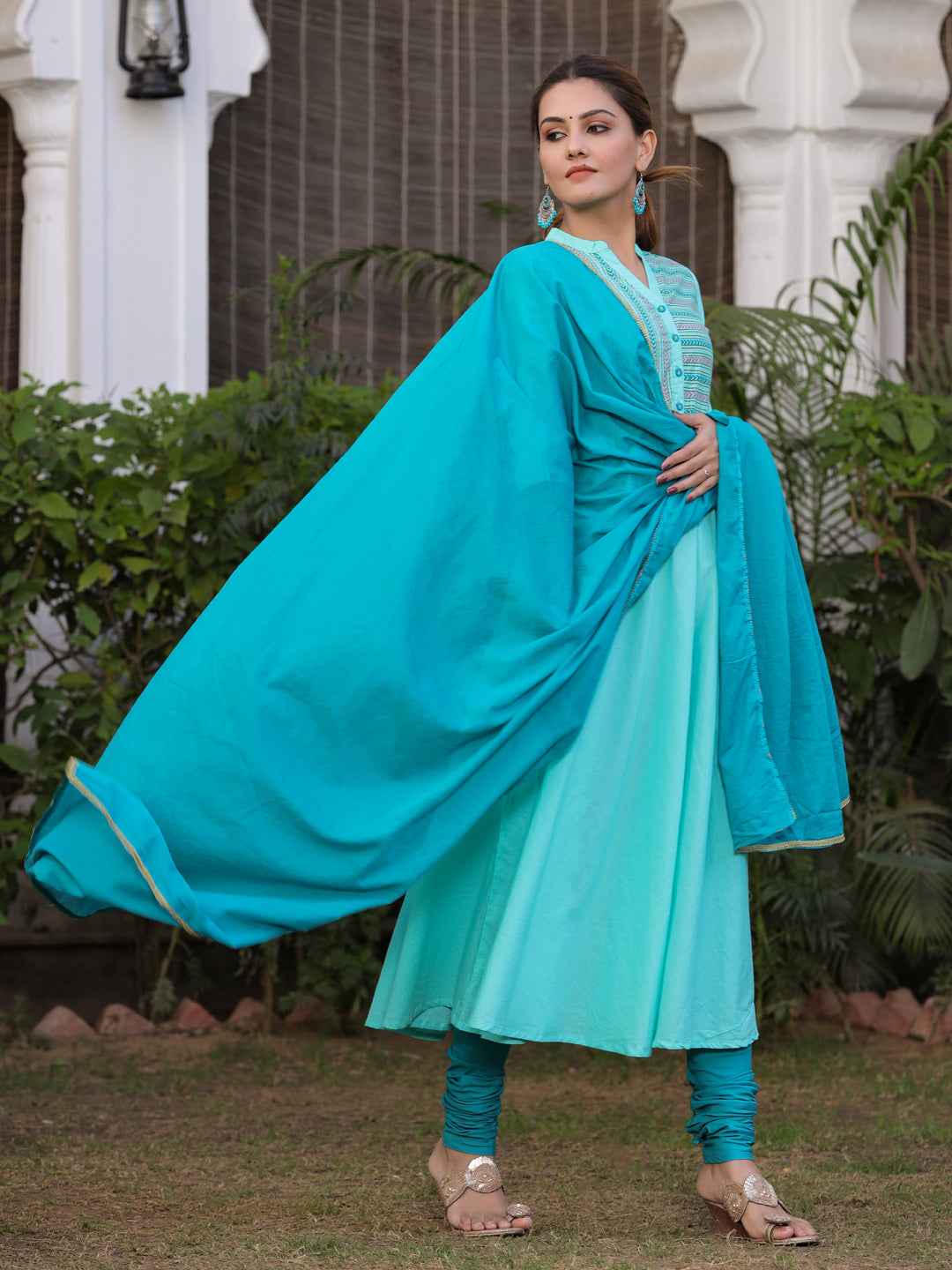 Aqua Solid Anarkali Cotton Kurta With Churidar Salwar And Dupatta