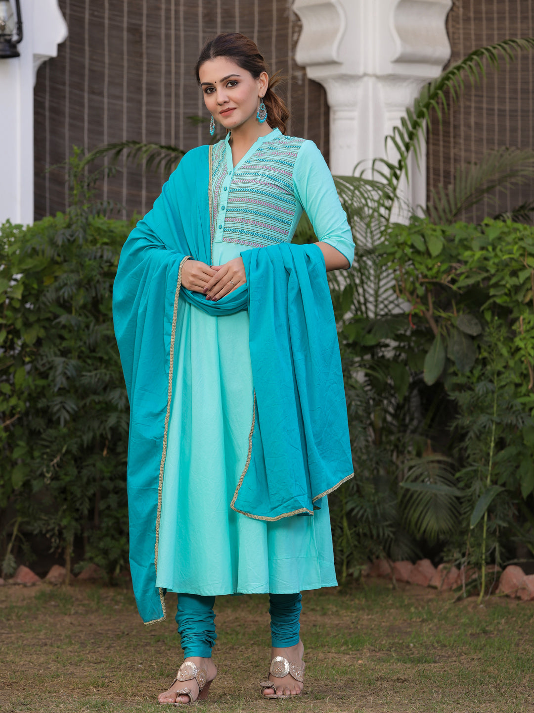 Aqua Solid Anarkali Cotton Kurta With Churidar Salwar And Dupatta