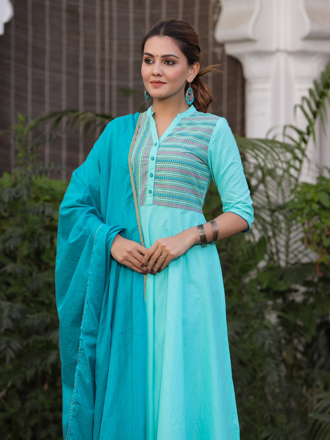 Aqua Solid Anarkali Cotton Kurta With Churidar Salwar And Dupatta