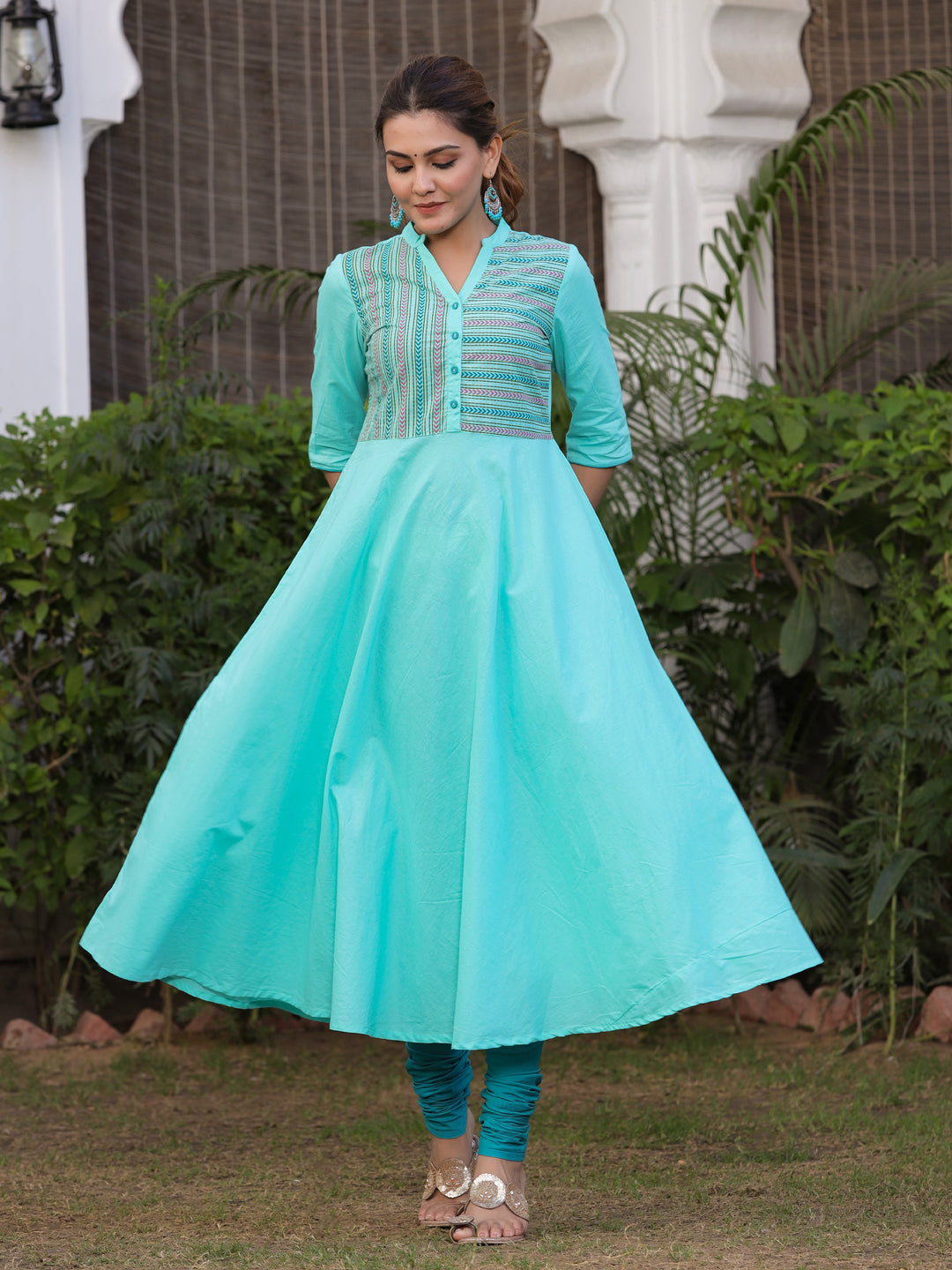 Aqua Solid Anarkali Cotton Kurta With Churidar Salwar And Dupatta
