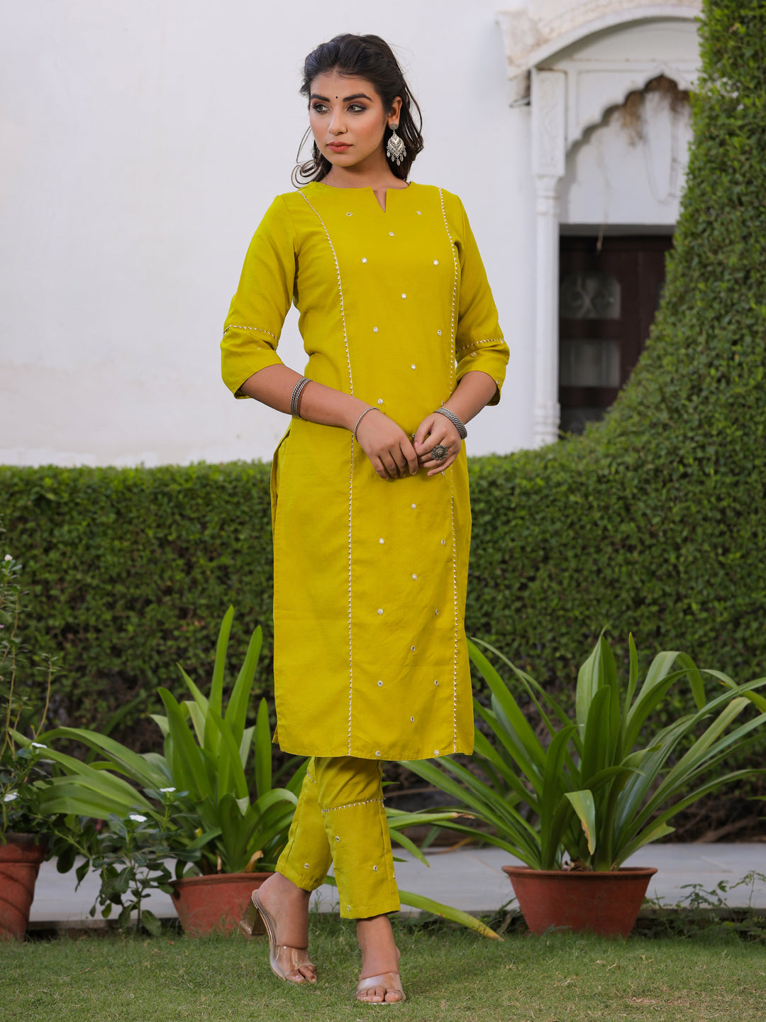 Olive Green Embroidered Straight Rayon Slub Kurta With Pant