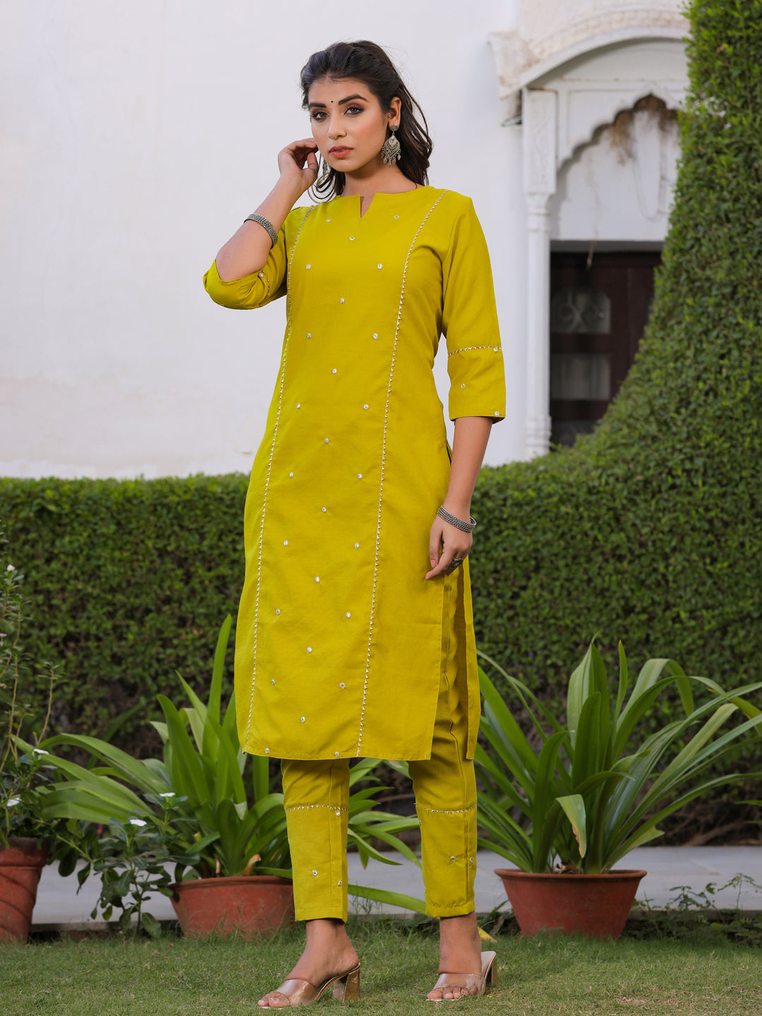 Olive Green Embroidered Straight Rayon Slub Kurta With Pant
