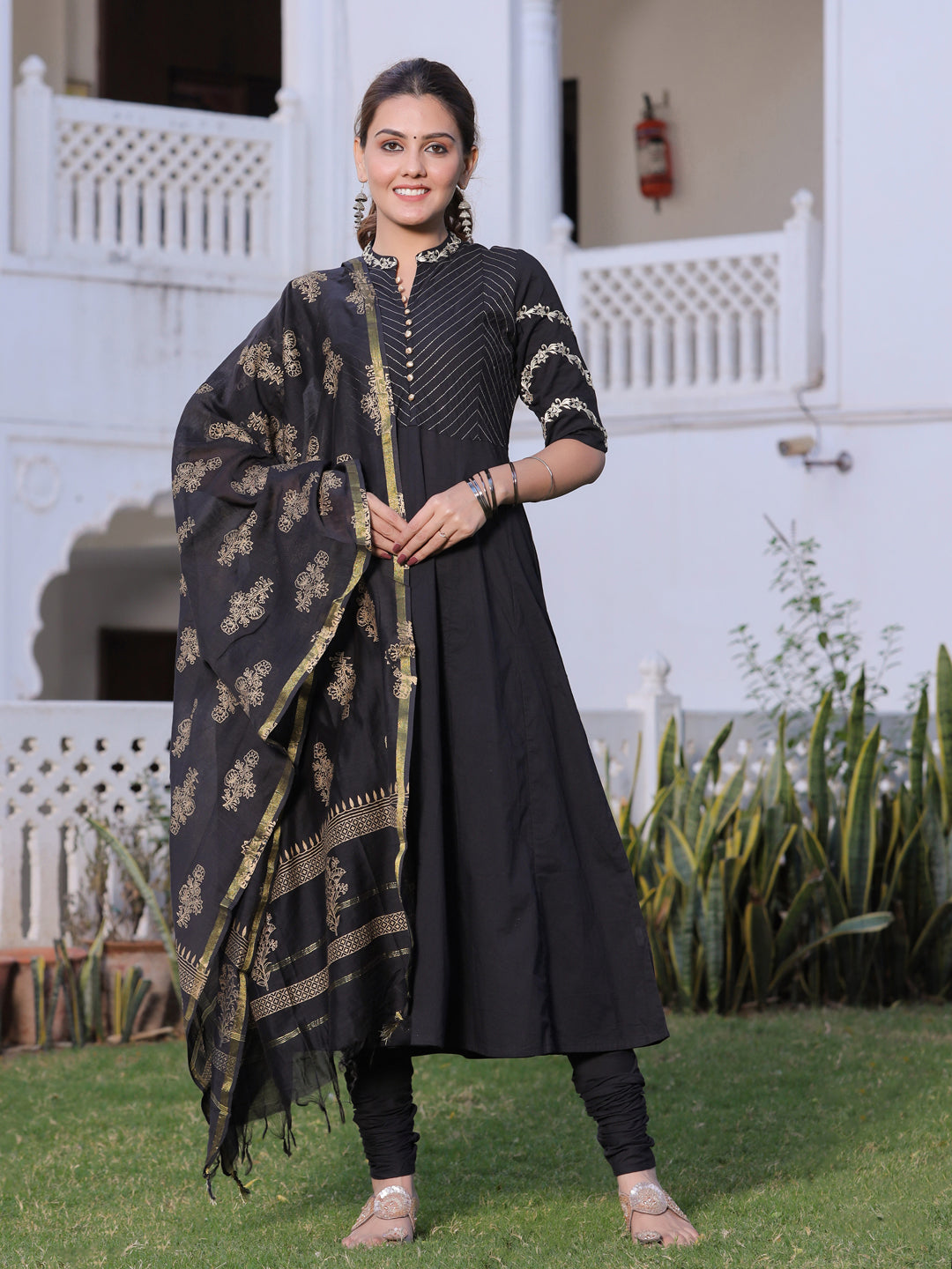 Black Solid Anarkali Cotton Kurta With Churidar Salwar And Dupatta
