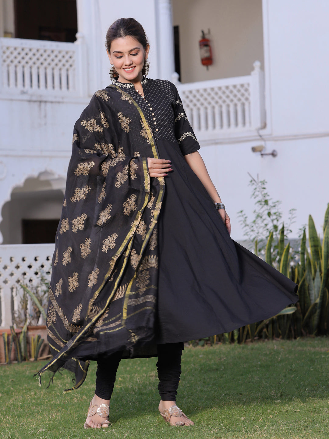 Black Solid Anarkali Cotton Kurta With Churidar Salwar And Dupatta