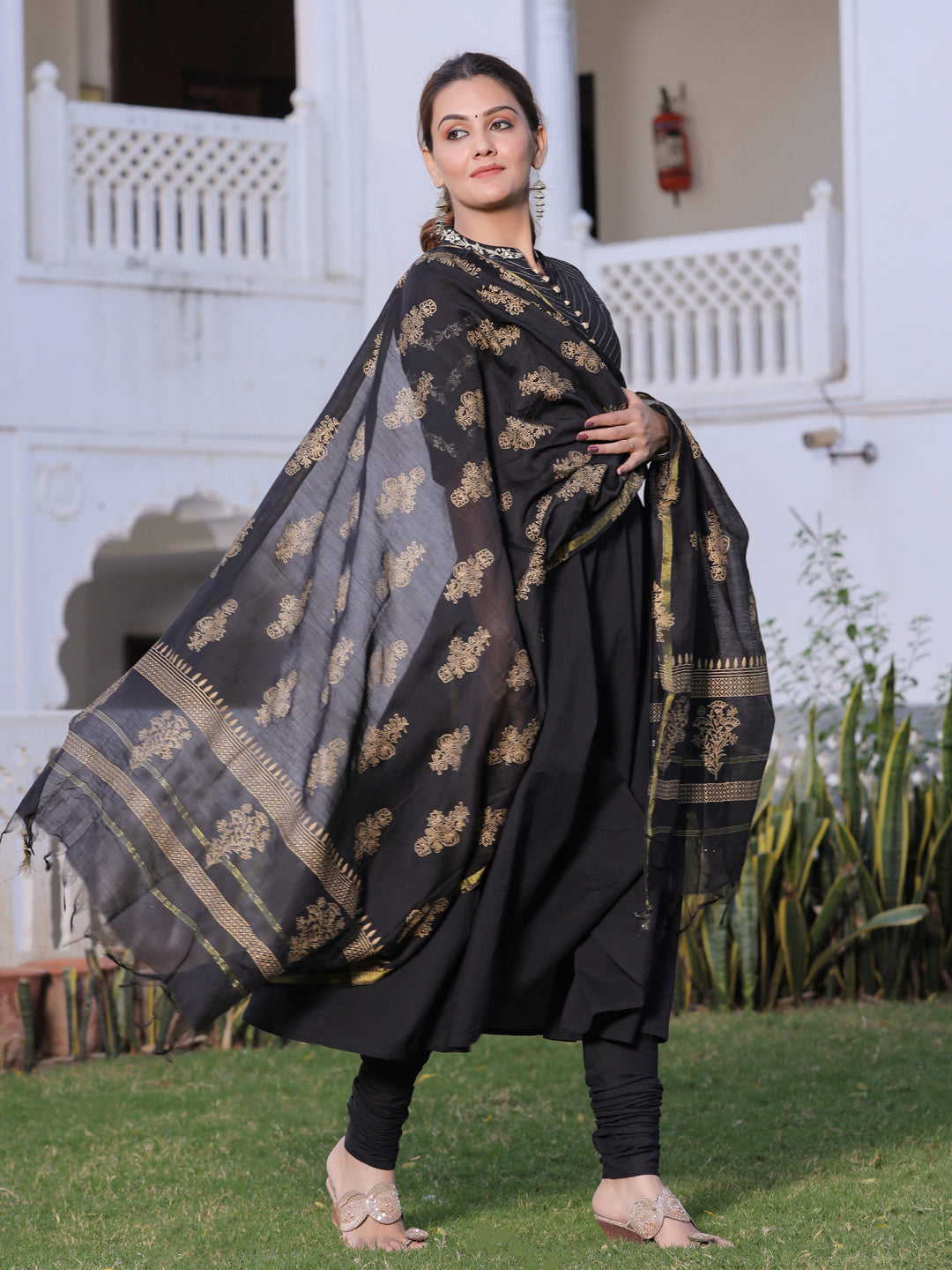 Black Solid Anarkali Cotton Kurta With Churidar Salwar And Dupatta