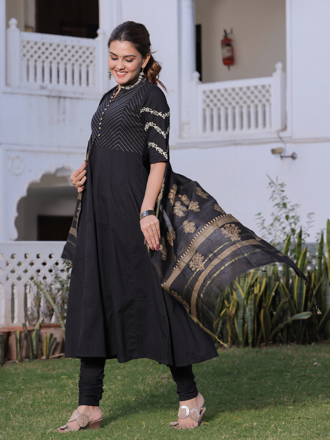 Black Solid Anarkali Cotton Kurta With Churidar Salwar And Dupatta