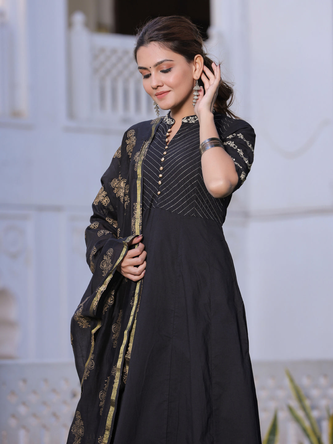 Black Solid Anarkali Cotton Kurta With Churidar Salwar And Dupatta