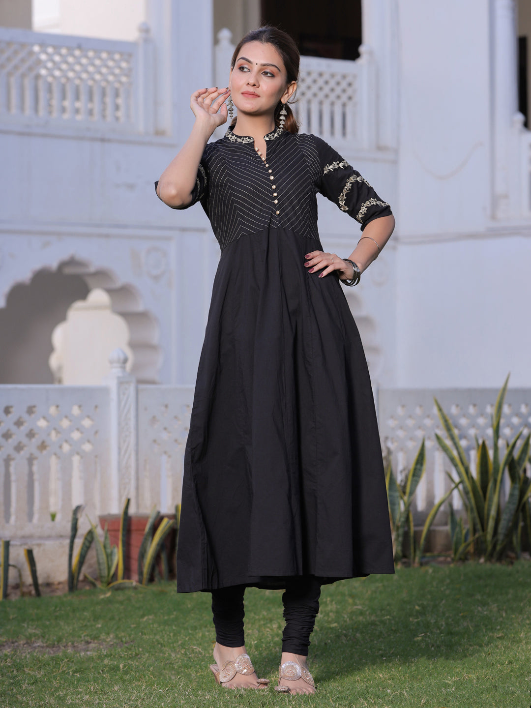 Black Solid Anarkali Cotton Kurta With Churidar Salwar And Dupatta