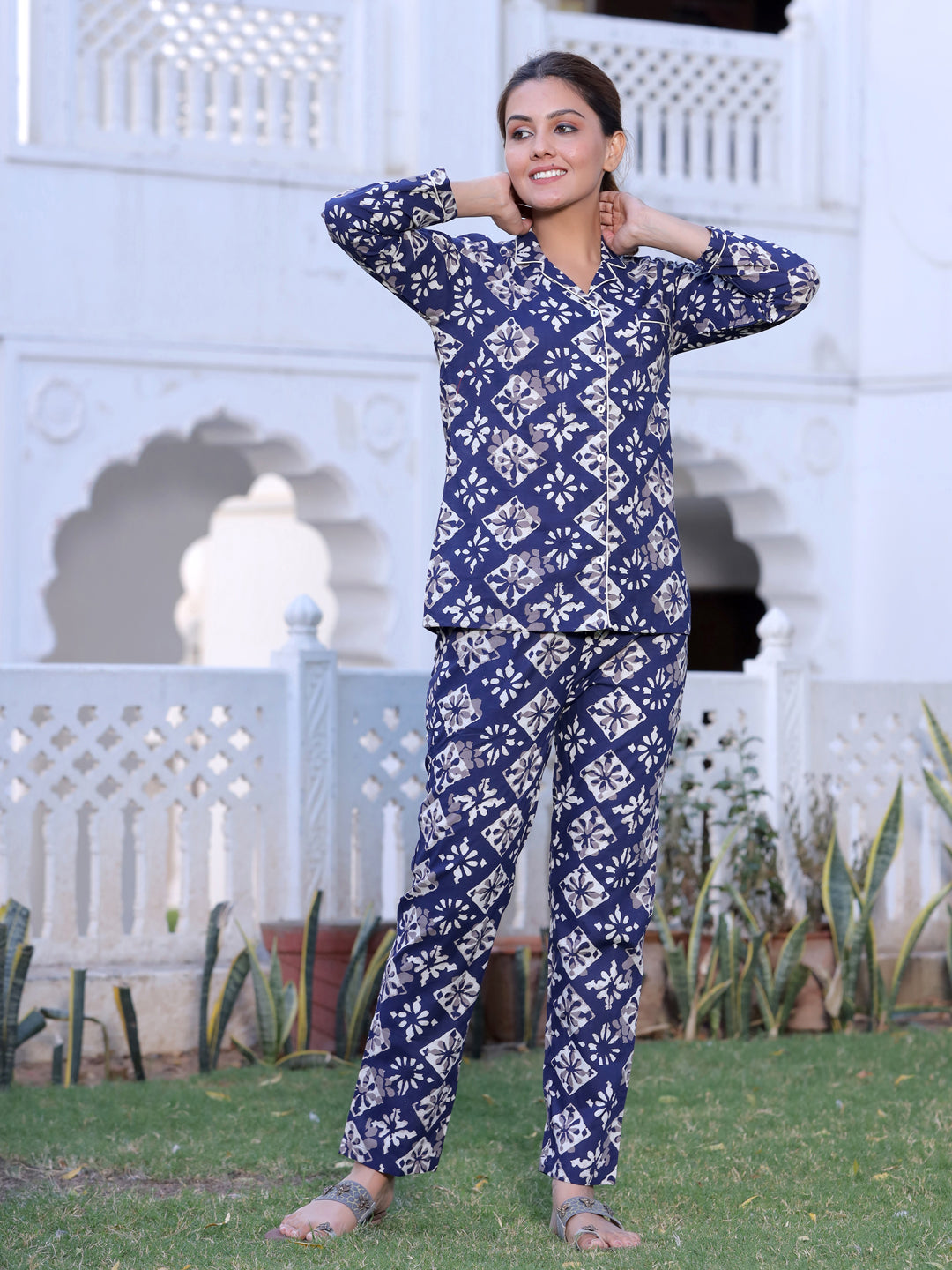 Blue Geometric Print Night Suit
