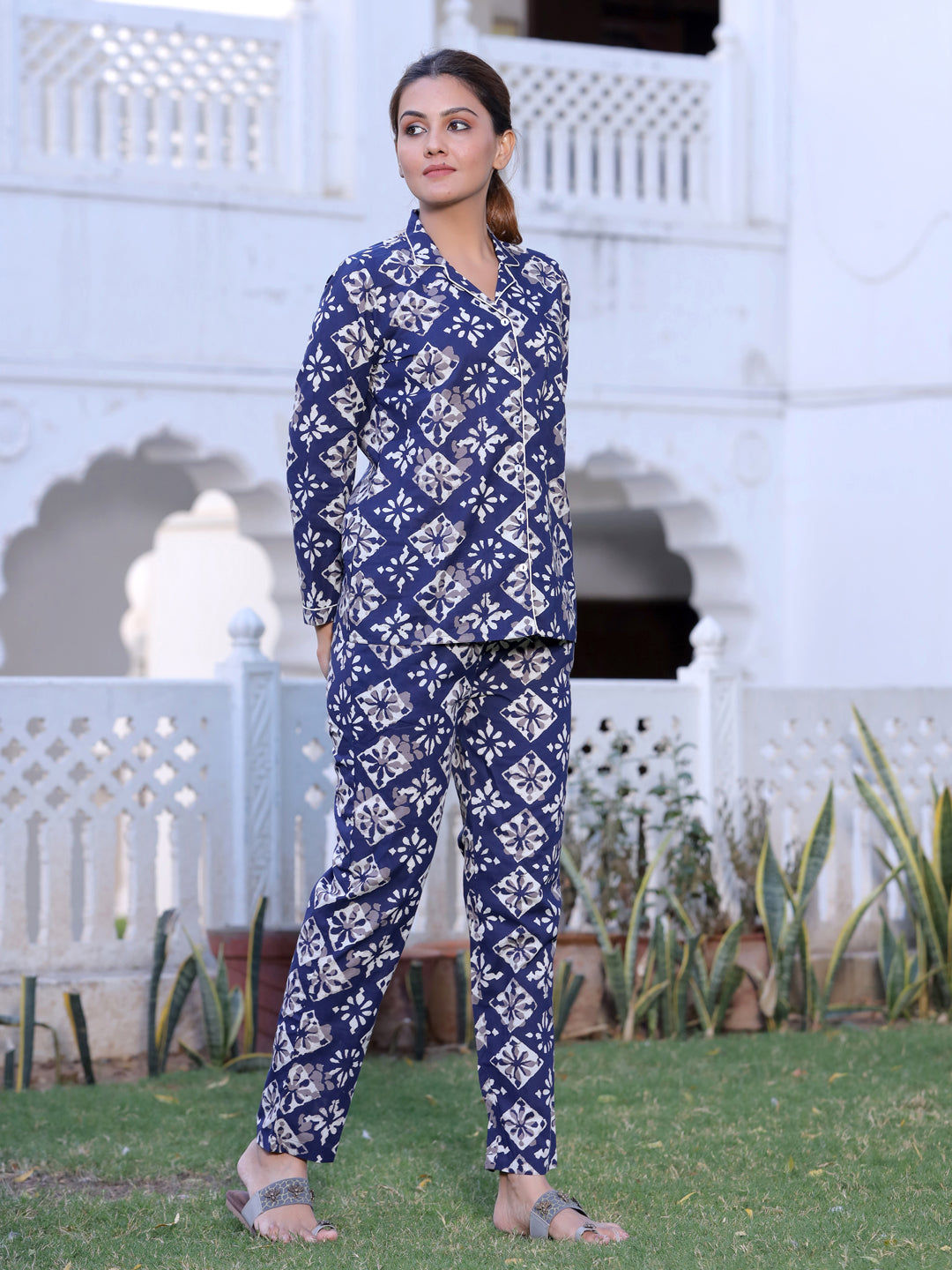Blue Geometric Print Night Suit