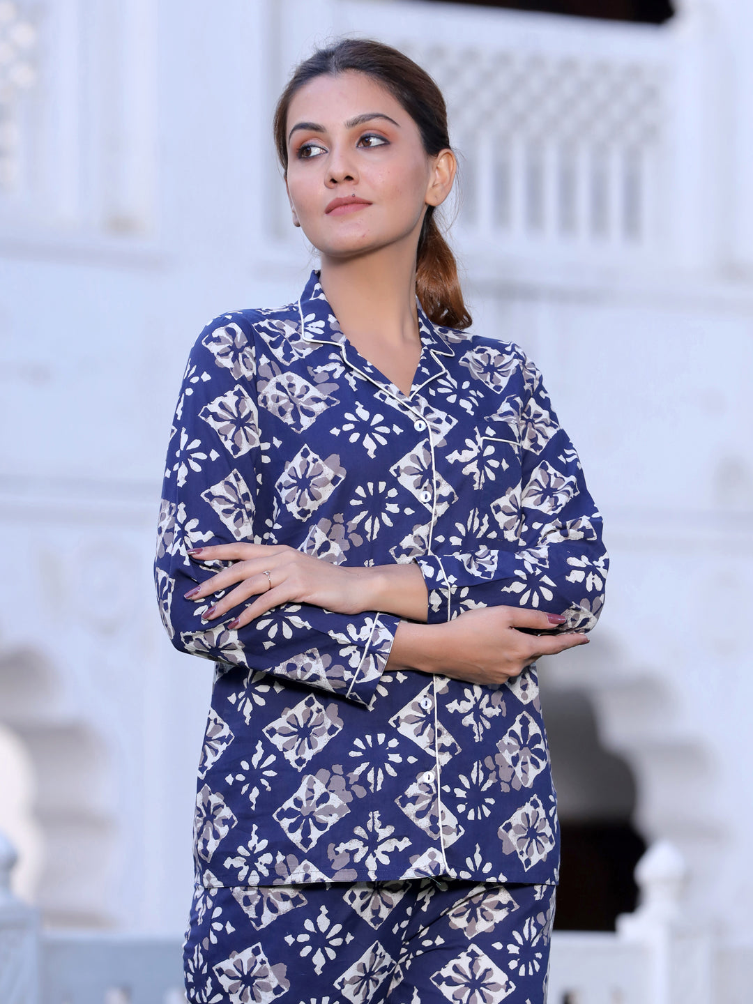 Blue Geometric Print Night Suit