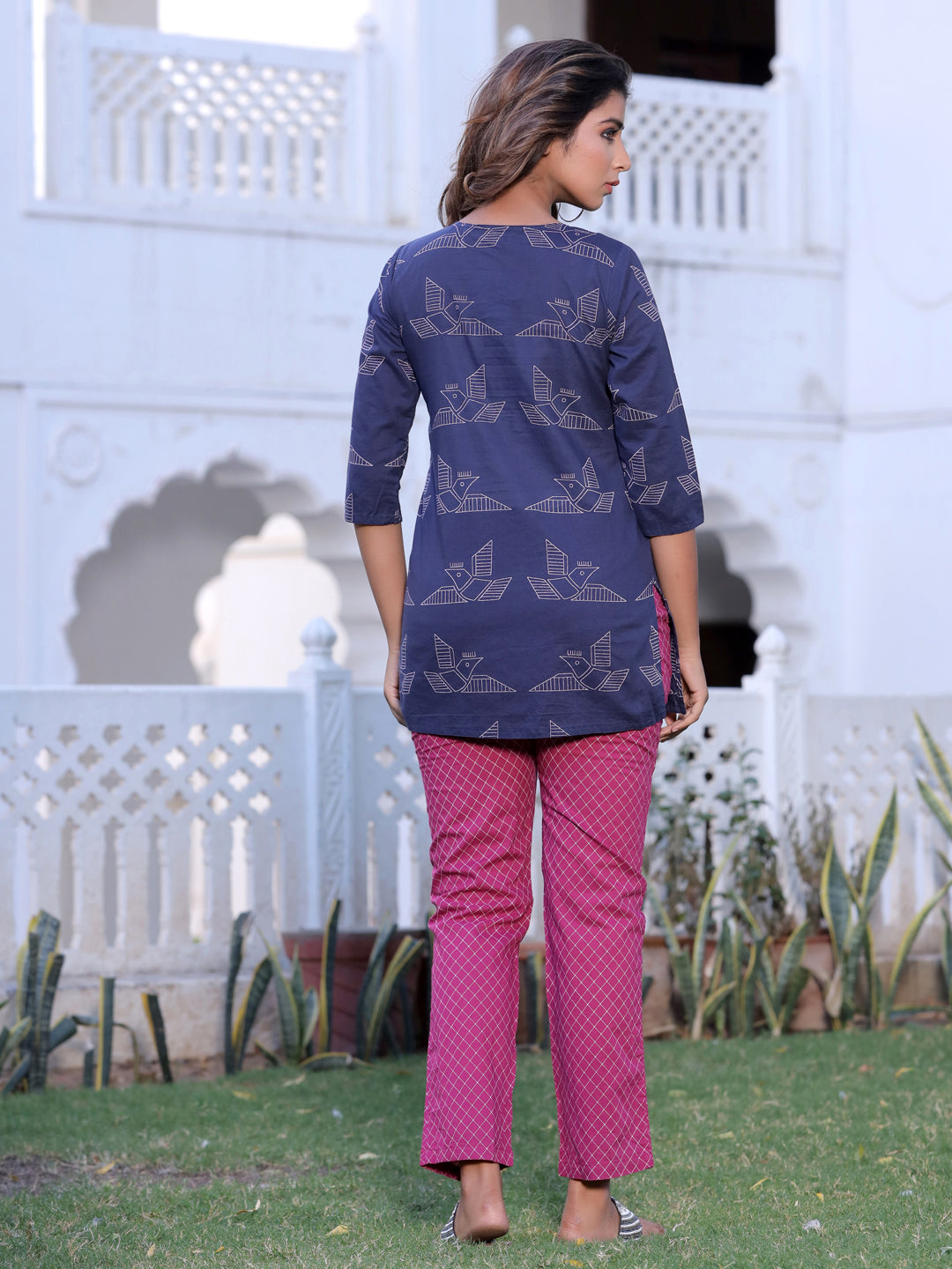 Purple Printed Straight Cotton Lounge Wear