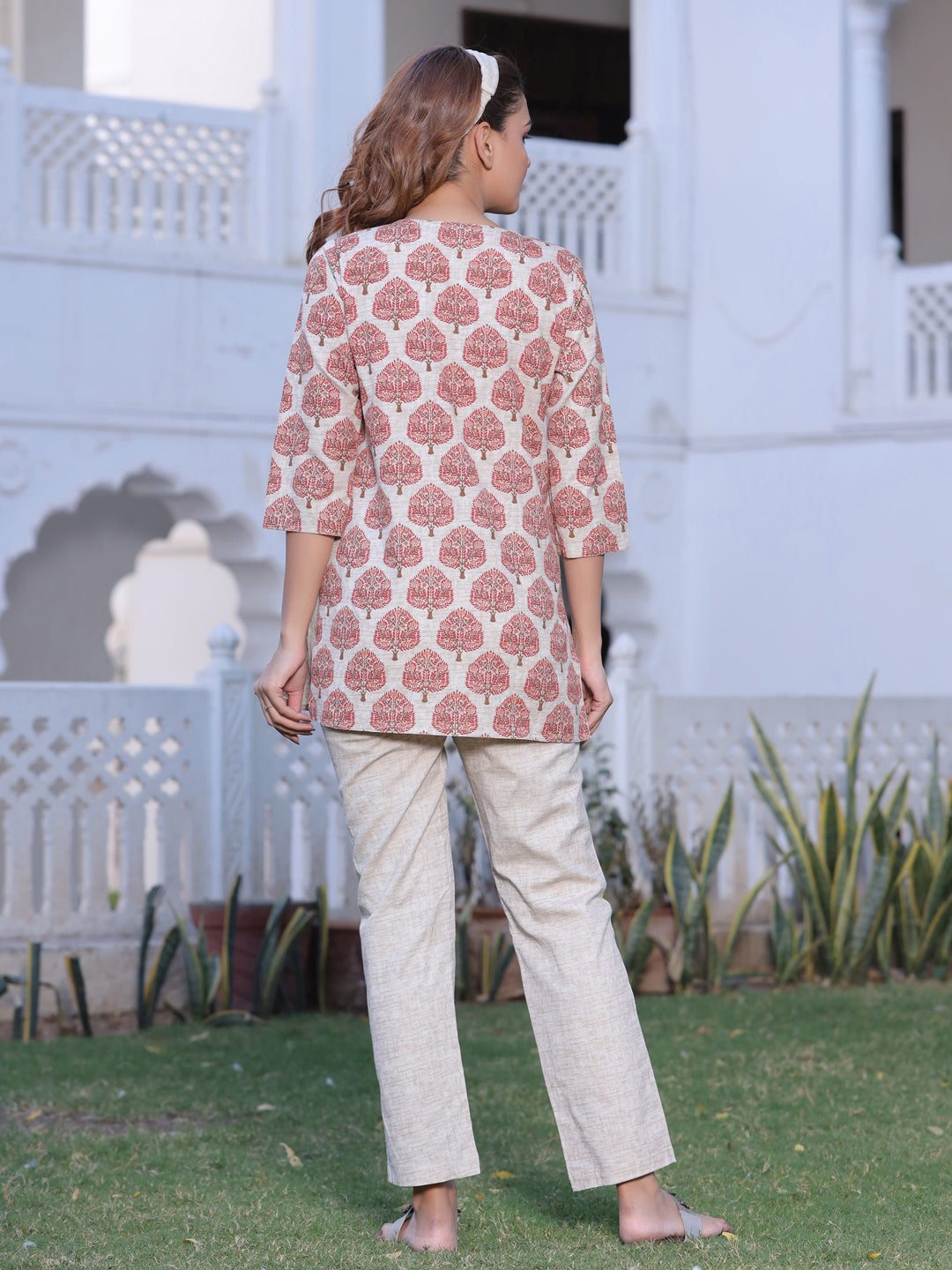 Red Ethnic Print Loungewear With Hairband