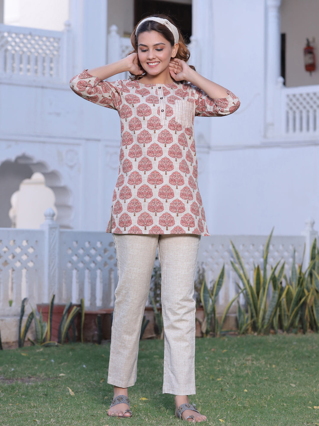 Red Ethnic Print Loungewear With Hairband