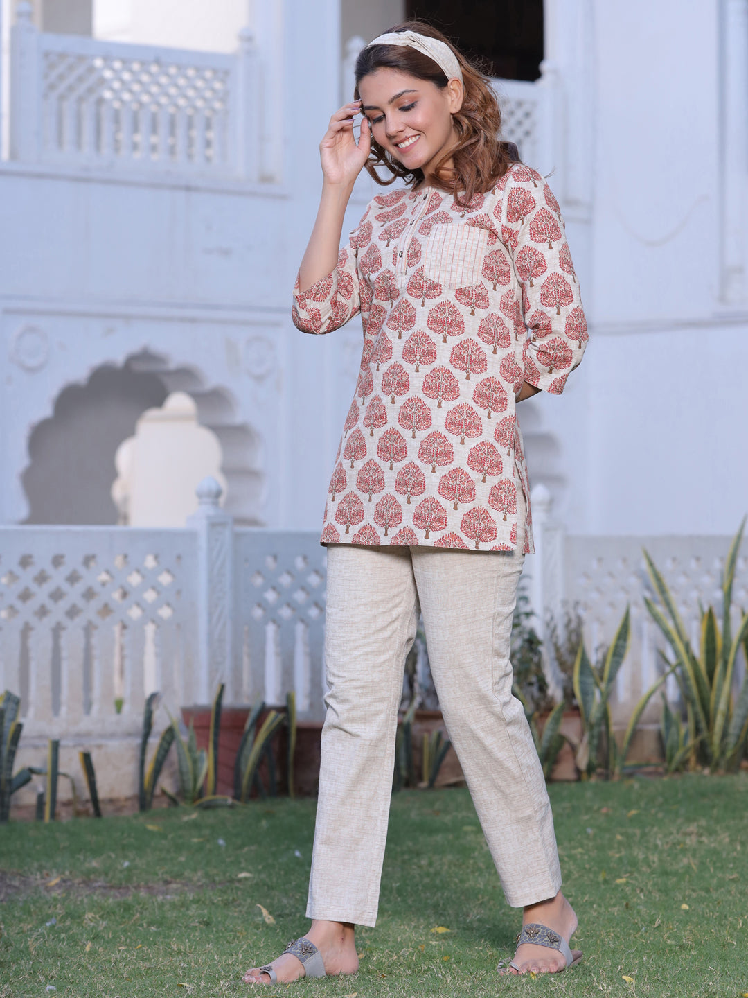 Red Ethnic Print Loungewear With Hairband