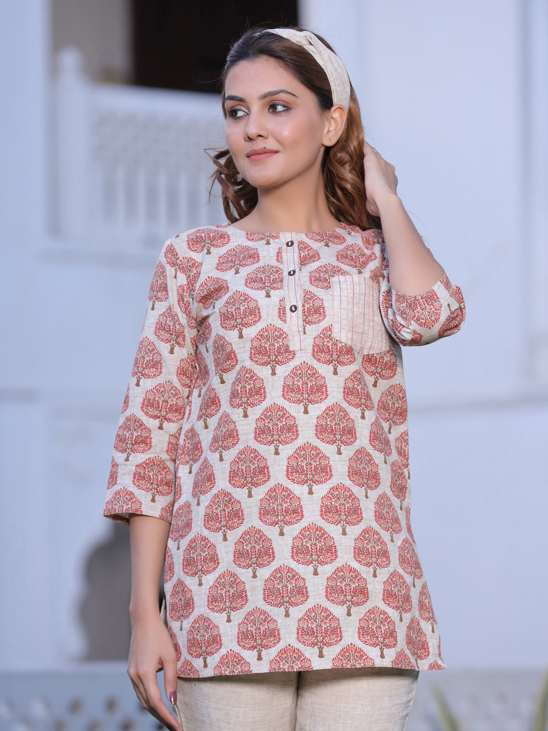 Red Ethnic Print Loungewear With Hairband