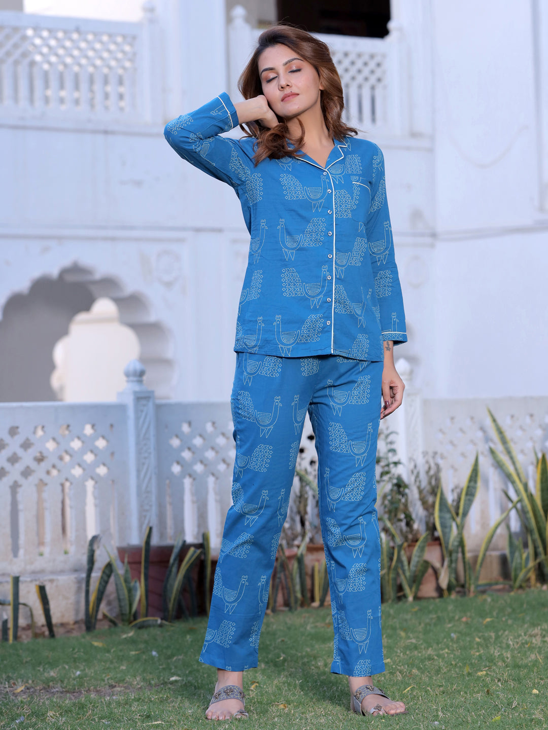 Teal Printed Straight Cotton Lounge Wear