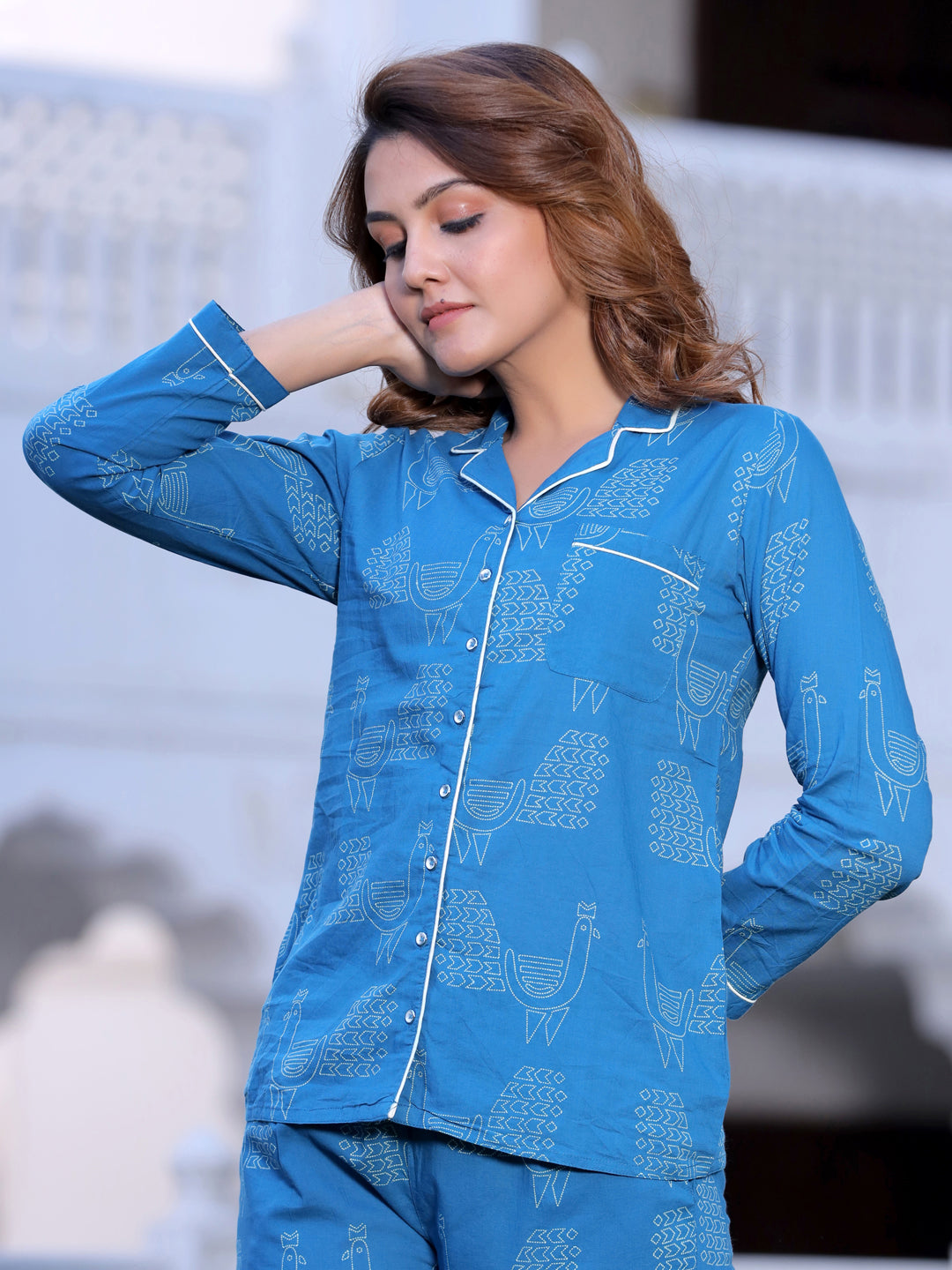 Teal Printed Straight Cotton Lounge Wear