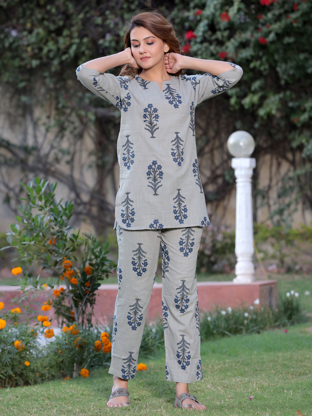 Grey Floral Print Straight Cotton Blend Sleepwear