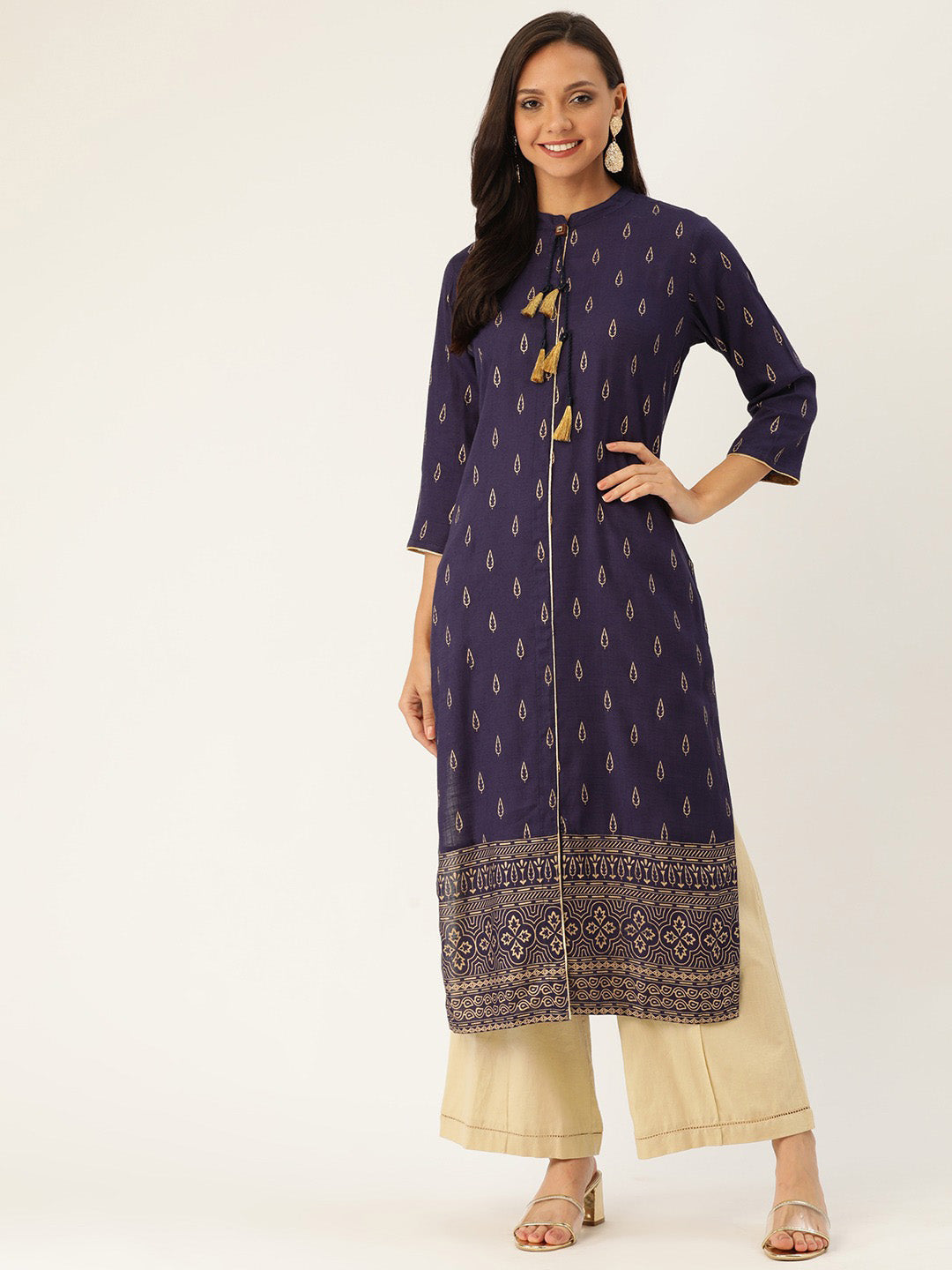 Blue Gold Print Straight Viscose Rayon Kurta