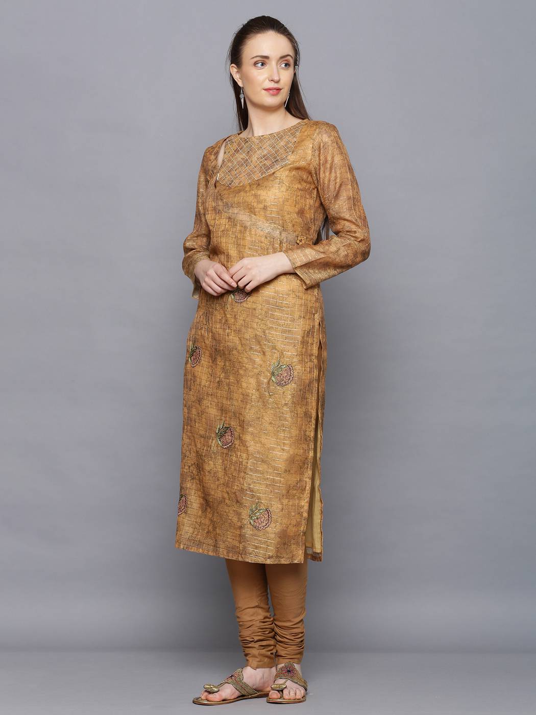 Amaiva Mustard Abstract Chanderi Kurta Set