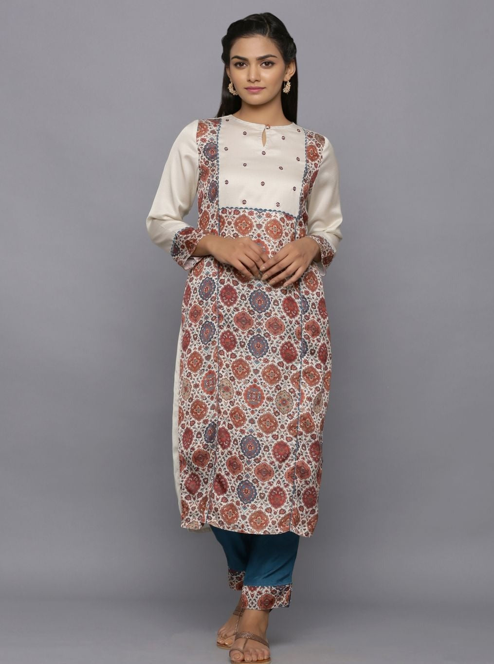 Cream Ethnic Printed Straight Kurta With Palazzo