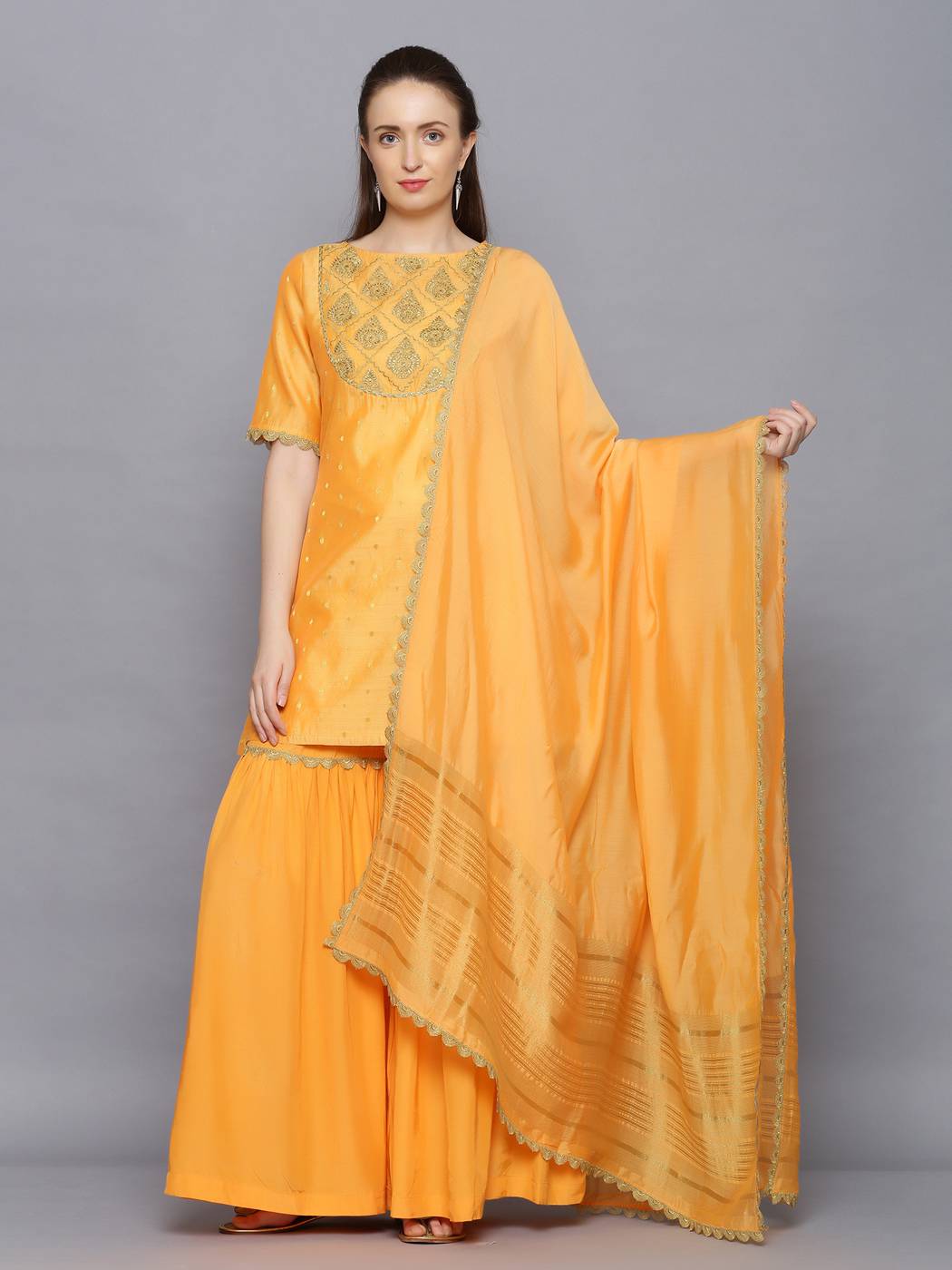 Amaiva Yellow Ethnic Print Chanderi Kurta Set