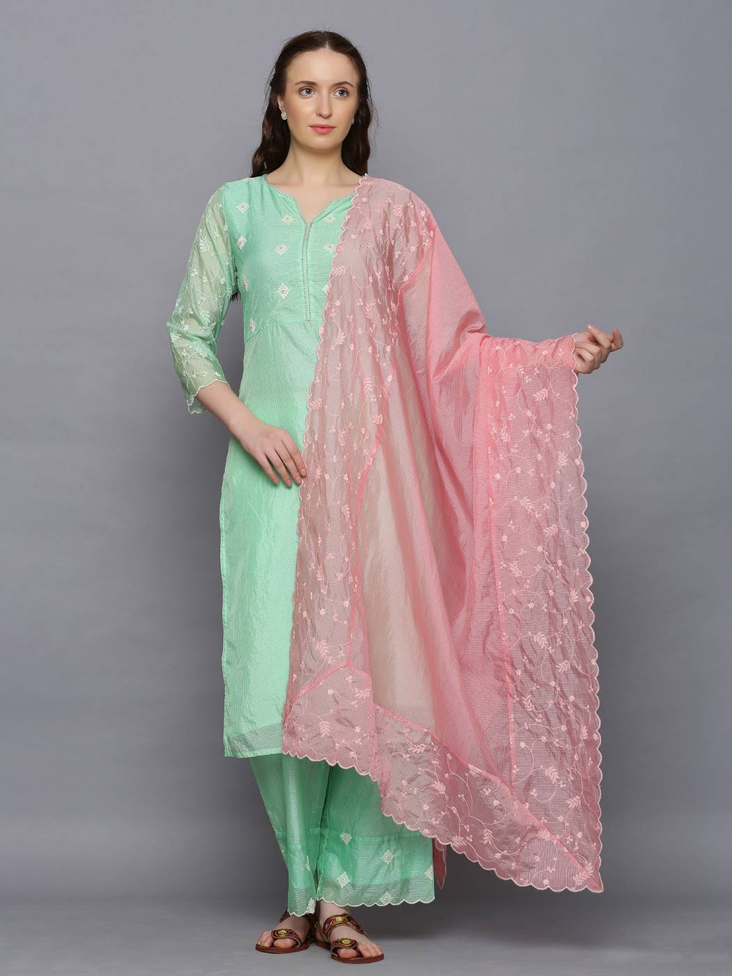 Amaiva Straight Fit Embroidered Kota Tissue Kurta With Embroidered Pant And Dupatta Set