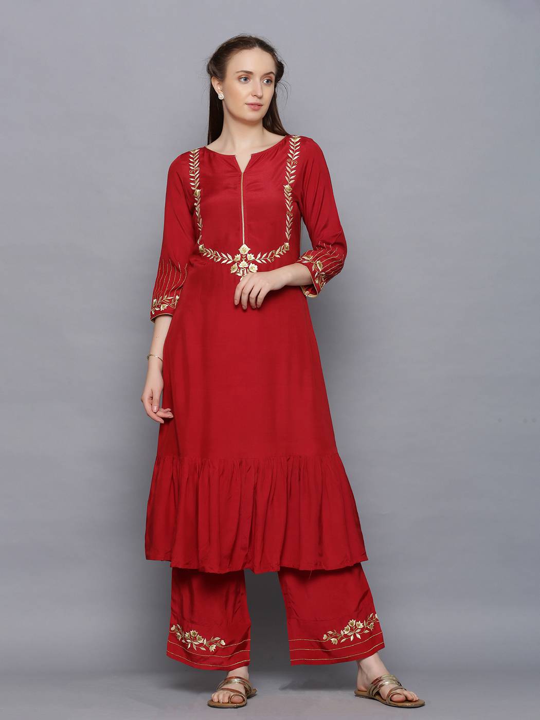 Maroon embroidered A-Line kurta Embroidered Palazzo Set