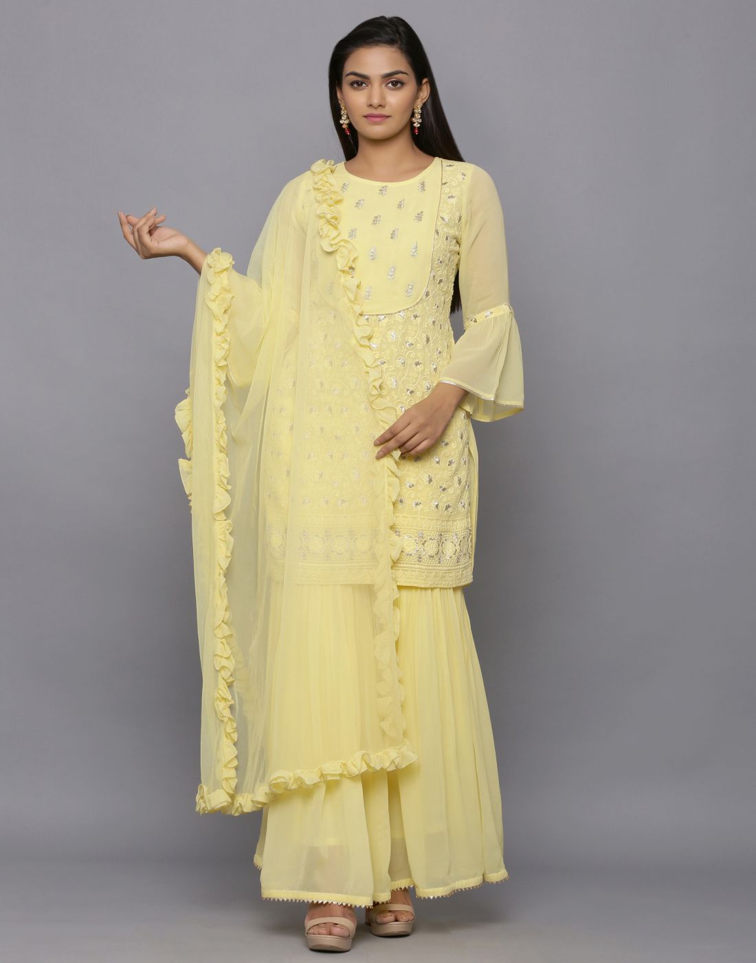 Amaiva Chikankari Embroidered Straight Kurta With Sharara And Dupatta