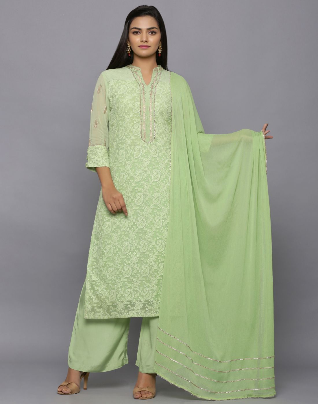Amaiva Embroidered Kurta With Solid Palazzo And Chiffon Dupatta