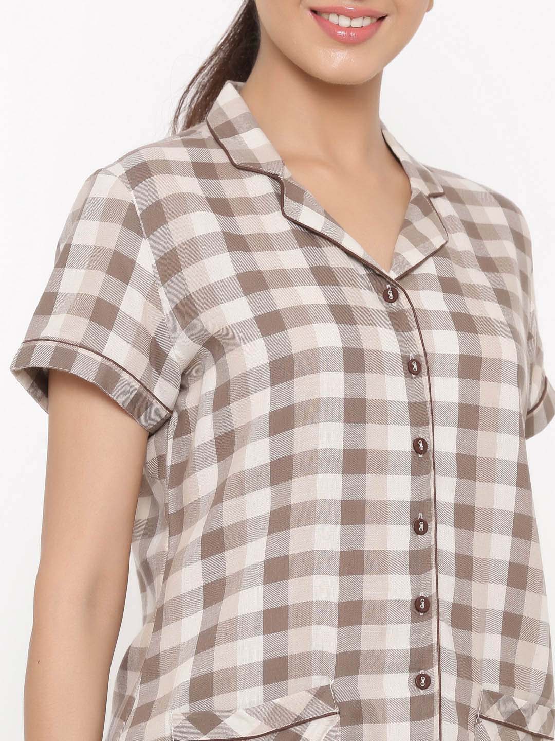 Brown Checks Print Straight Shirt And Short Pant Night Suit