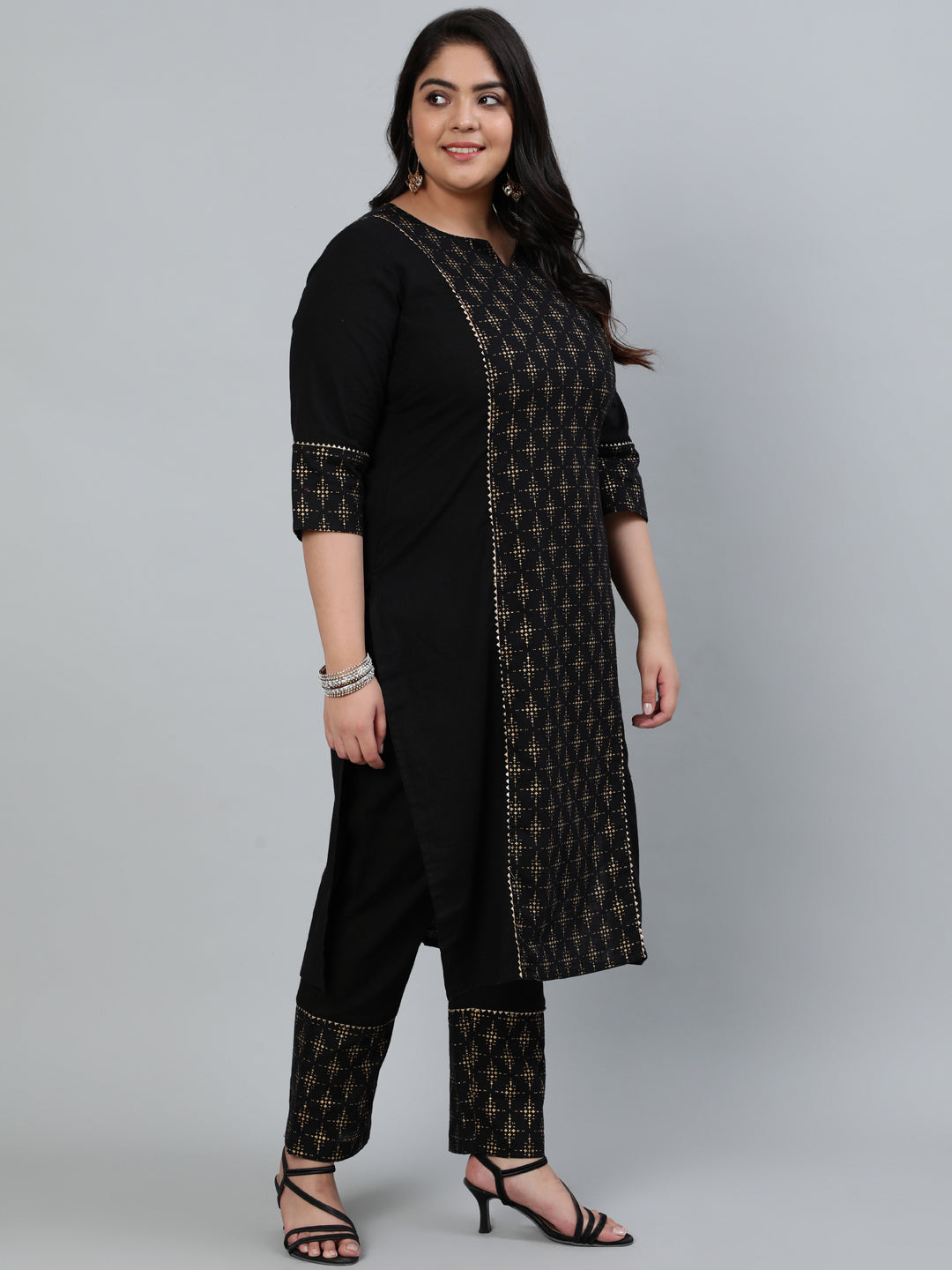 Black & Gold Printed Straight Cotton Blend Kurta With Pants