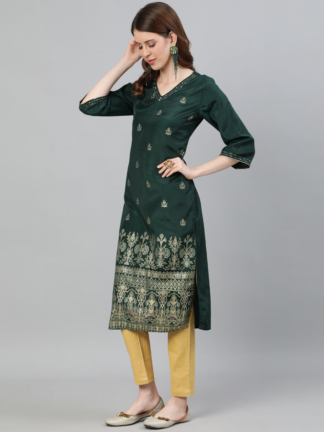 Green Print Straight Embroidered Kurta