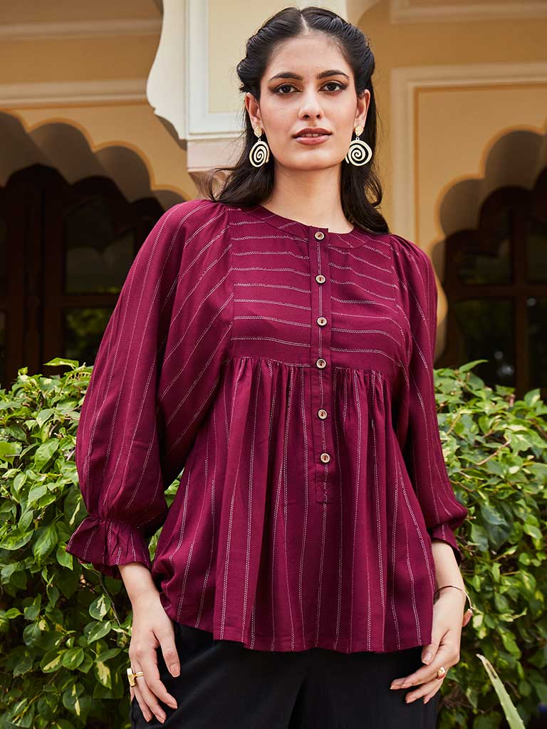 A Maroon Self Weave Rayon Lurex Gathered Top With Elasticated Gathered Sleeves