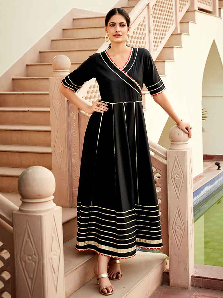 Rayon Solid Black Gota Embellished Anarkali Kurta With Chanderi Dupatta