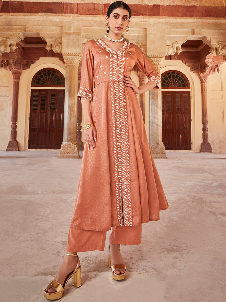 Peach Jaquard Hand Embroidered Anarkali Flared Kurta With Solid Palazzo
