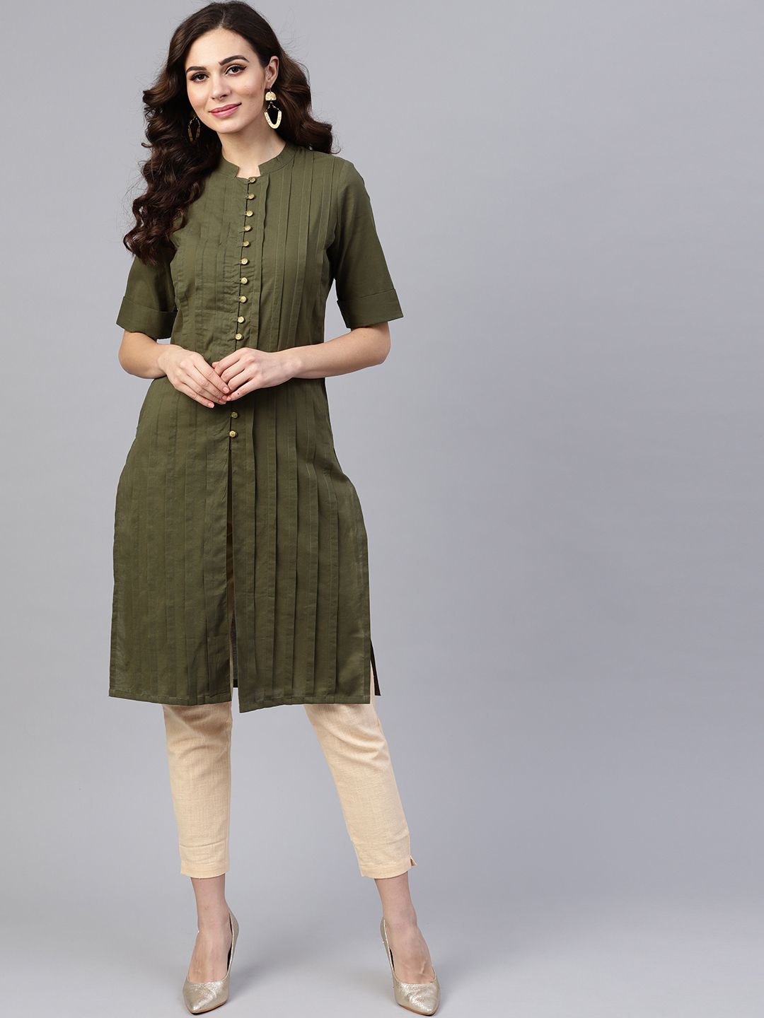 Olive Solid Straight Cotton Kurta