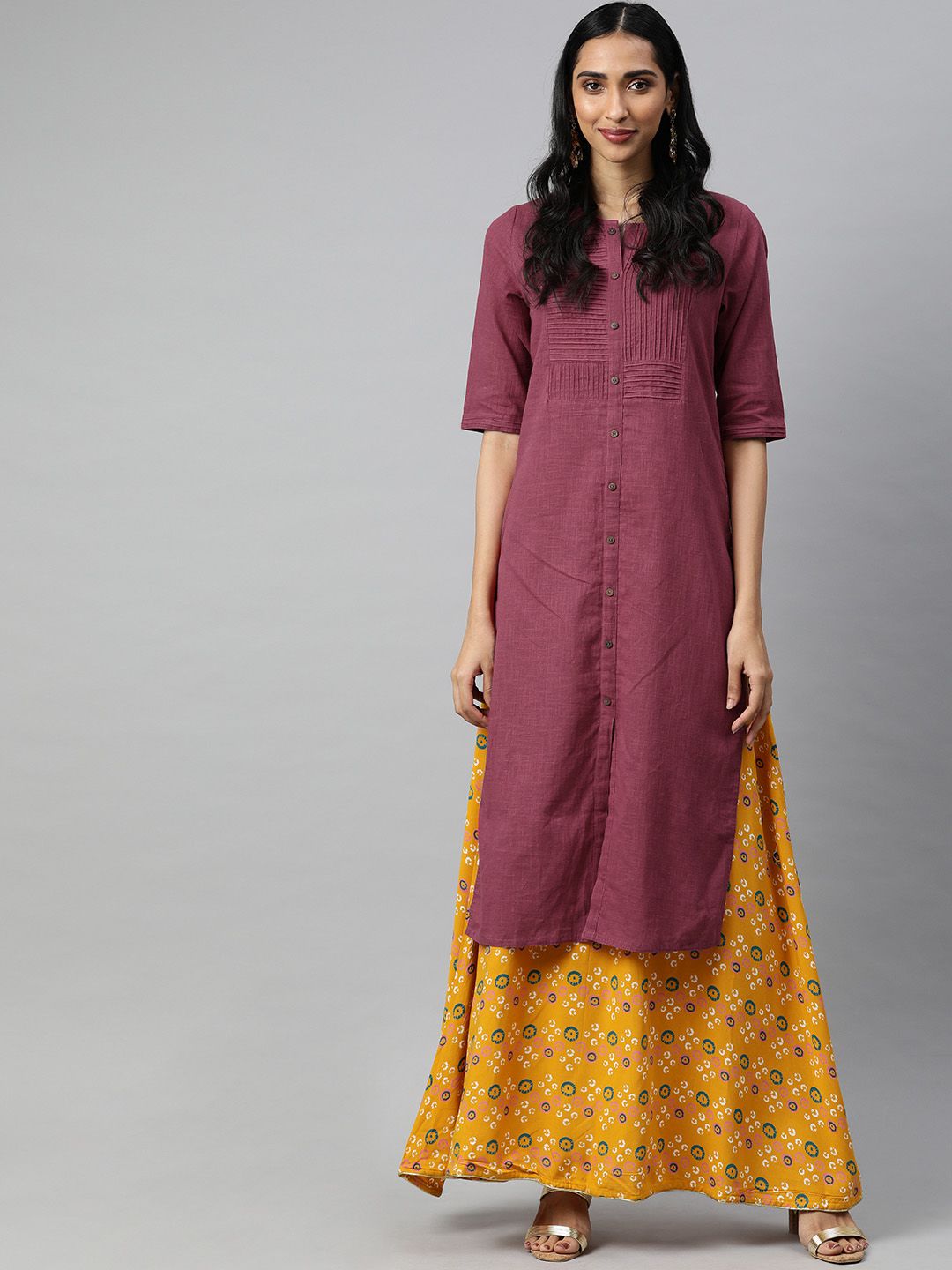 Pink Solid Straight Cotton Slub Kurta
