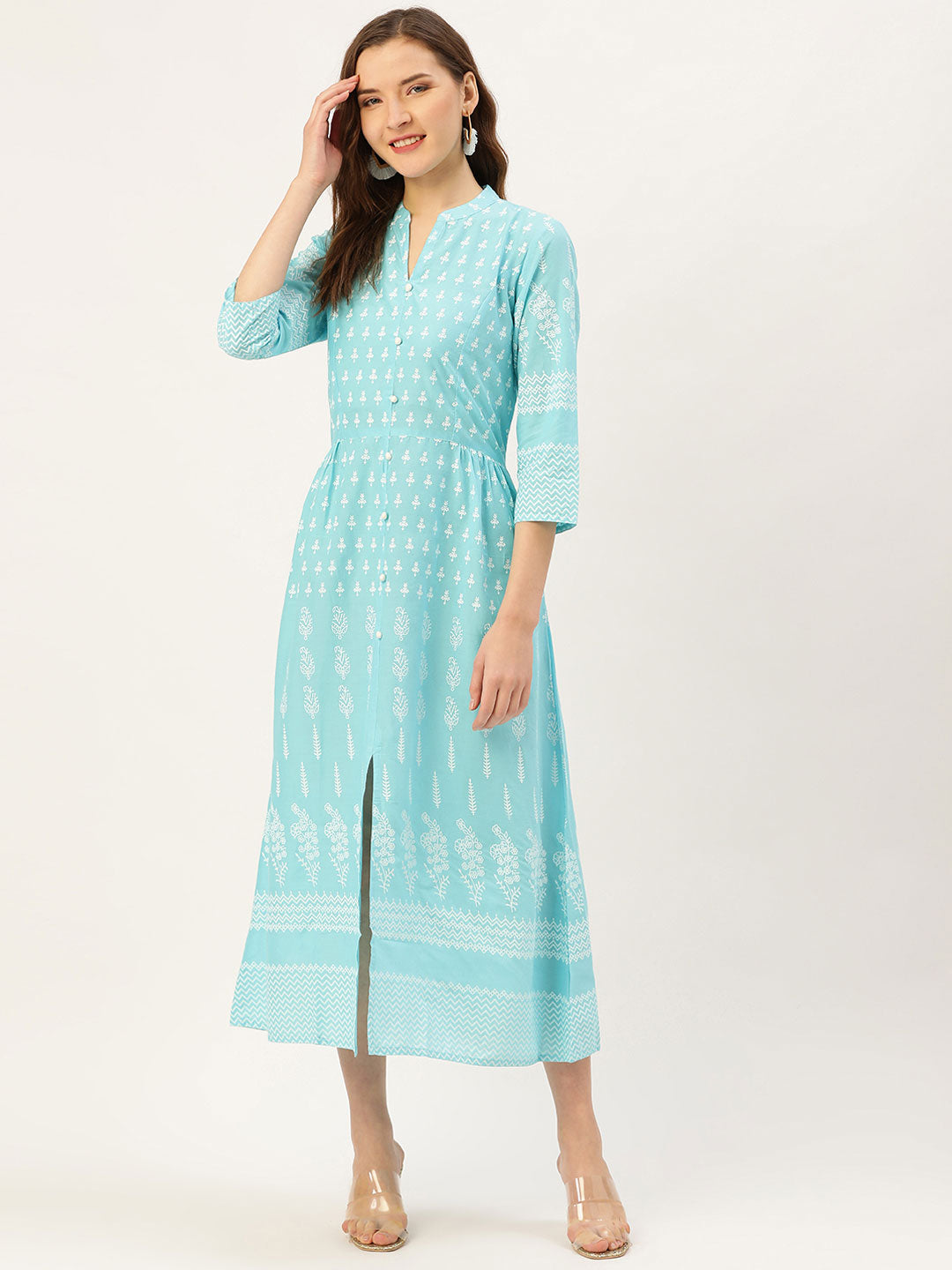 Aqua Printed Flared Dress
