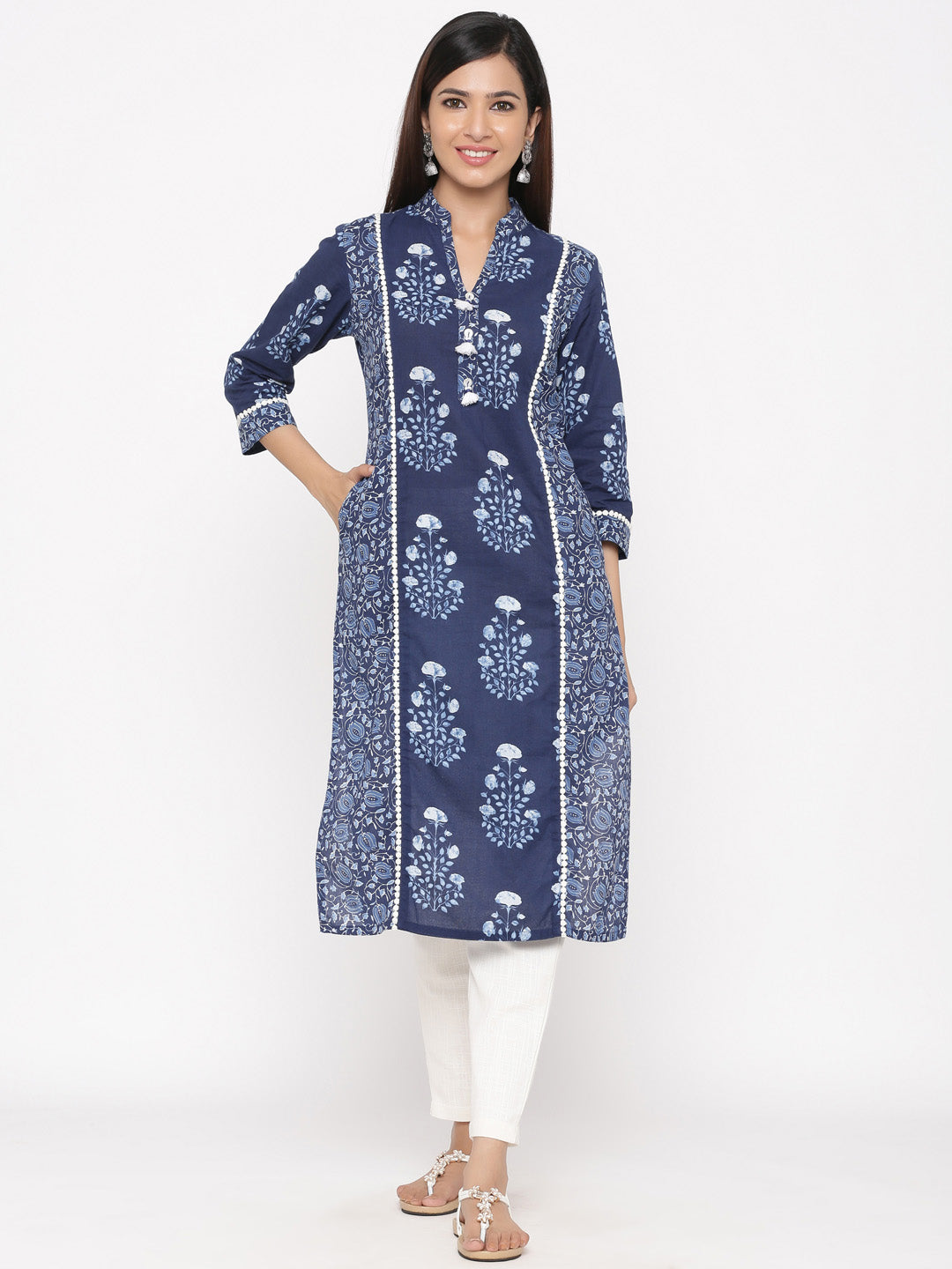 Indigo Blue Printed Straight Cotton Kurta