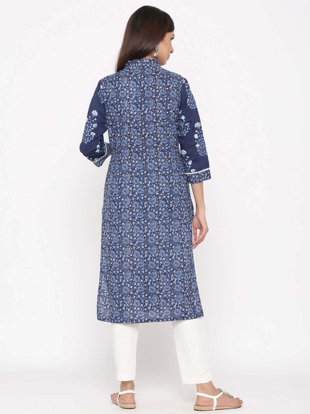 Indigo Blue Printed Straight Cotton Kurta