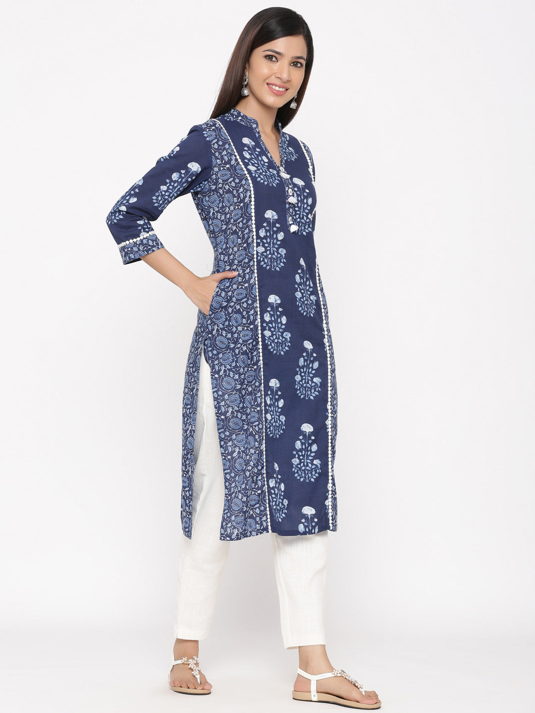 Indigo Blue Printed Straight Cotton Kurta