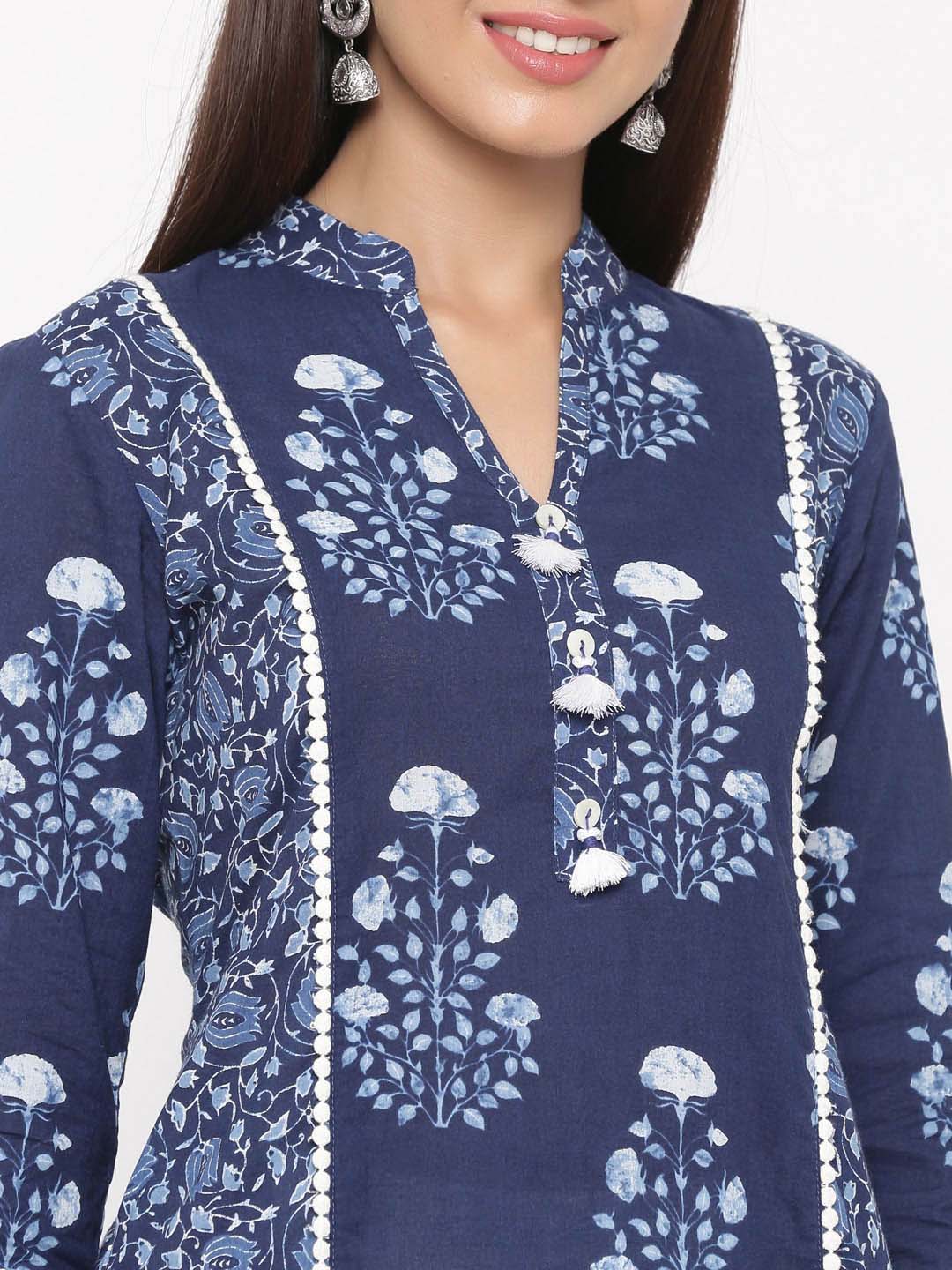 Indigo Blue Printed Straight Cotton Kurta