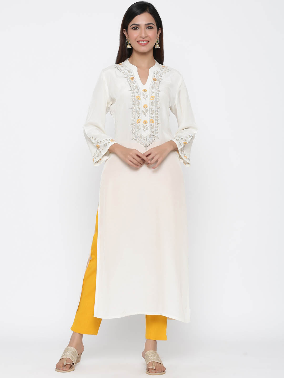 Off-White Solid Straight Silk Blend Kurta