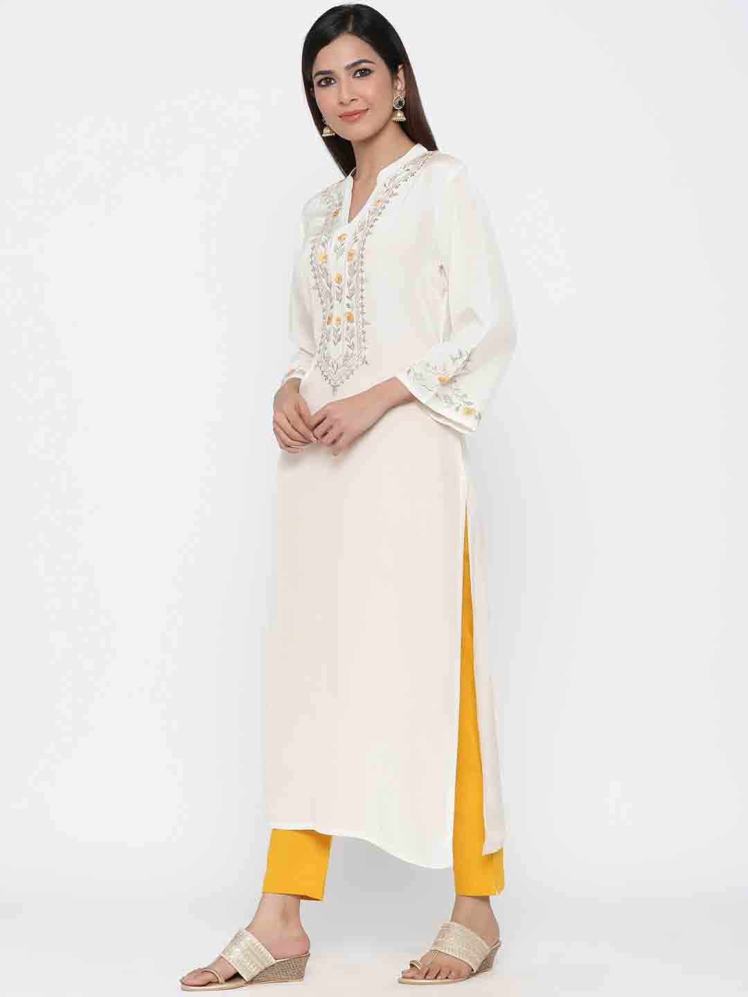 Off-White Solid Straight Silk Blend Kurta
